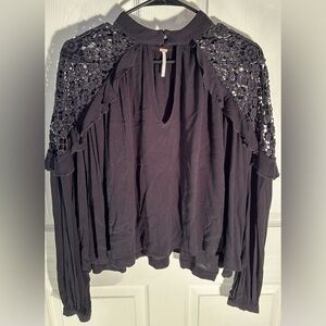 Free People Women’s Crochet Trim V-Neck Blouse Black Size XS